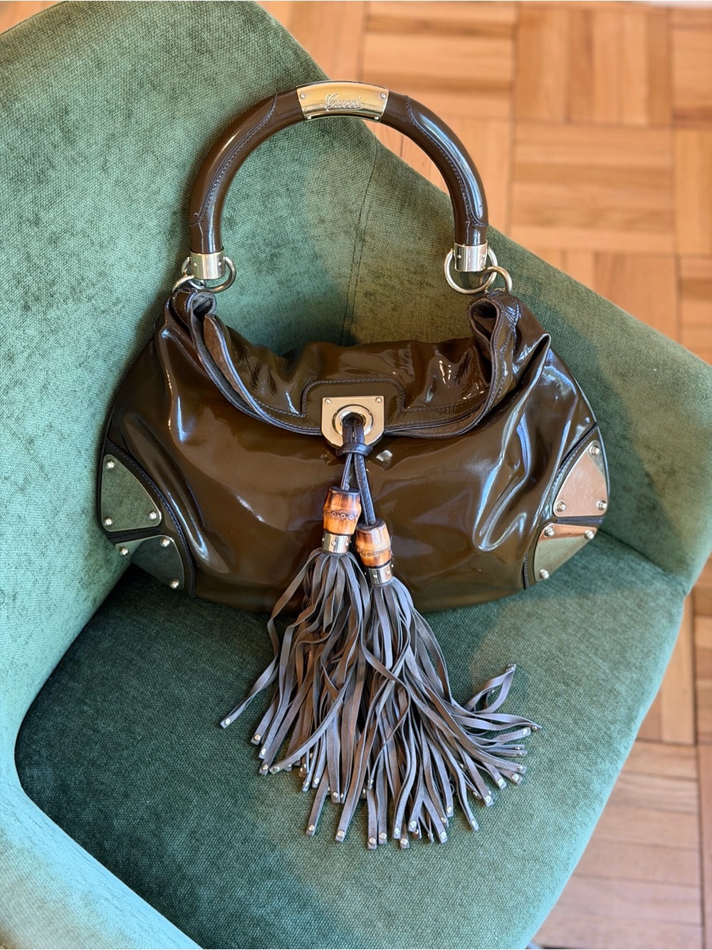 Gucci Indy Medium Brown Patent Leather Bamboo Hobo Bag - Picture 2 of 12
